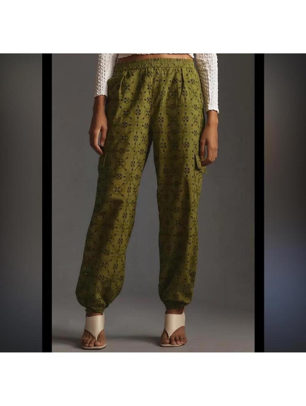 Anthropologie Eyelet Olive Green Cargo Pant Joggers with Floral Cutout Pattern